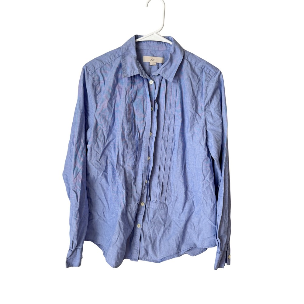 Ann Taylor LOFT Blue Cotton Pintuck Button Down Shirt Long Sleeve Medium